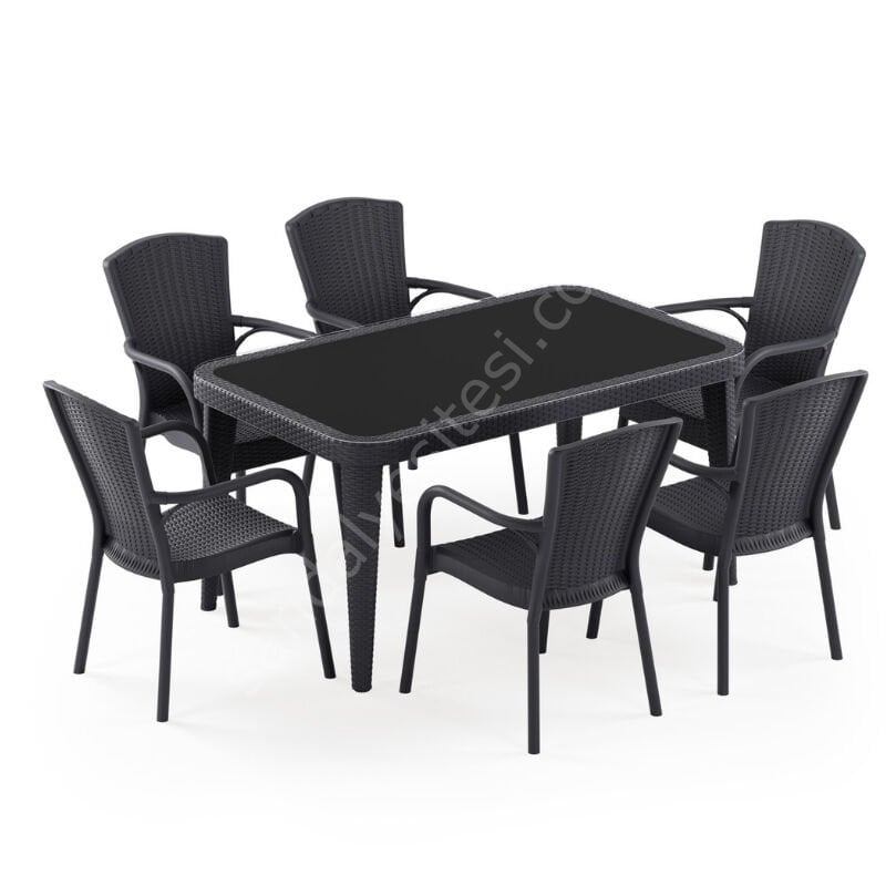 Milano 90x150 cm Rattan 6 Kişilik Camlı Masa Takımı Antrasit