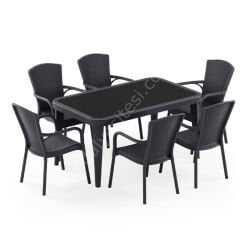 Milano 90x150 cm Rattan 6 Kişilik Camlı Masa Takımı Antrasit