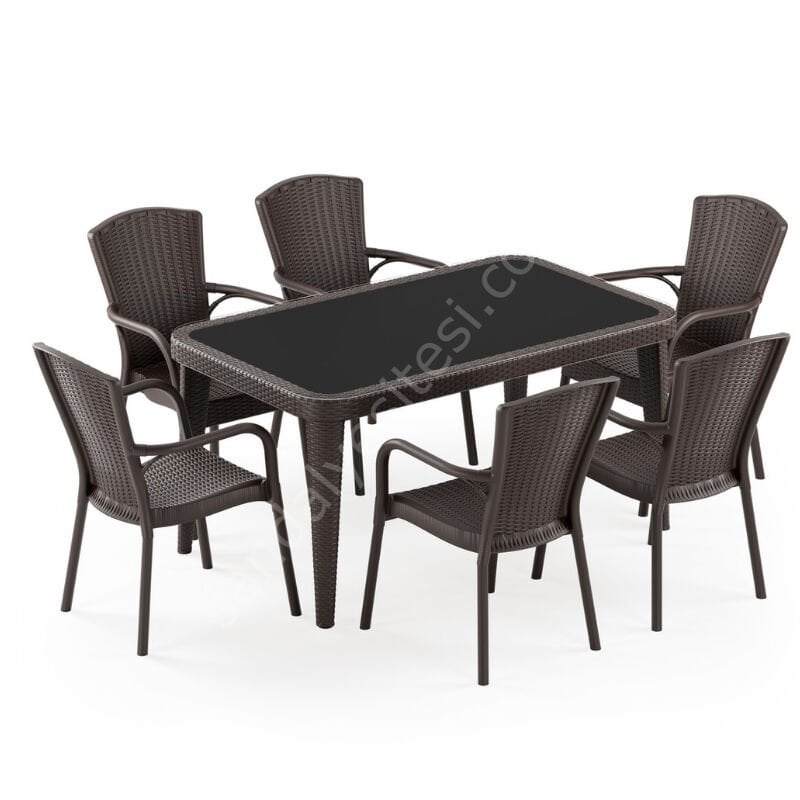 Milano 90x150 cm Rattan 6 Kişilik Camlı Masa Takımı Venge
