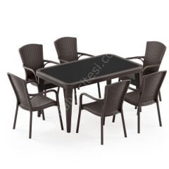 Milano 90x150 cm Rattan 6 Kişilik Camlı Masa Takımı Venge