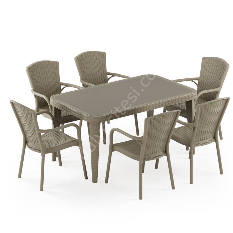 Milano 90x150 cm Rattan 6 Kişilik Camlı Masa Takımı Vizon