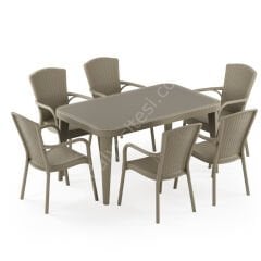 Milano 90x150 cm Rattan 6 Kişilik Camlı Masa Takımı Vizon