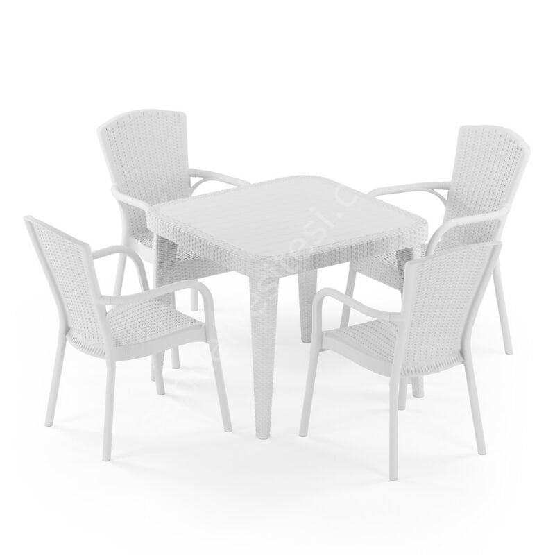 Milano 90×90 cm Rattan 4 Kişilik Camlı Masa Takımı Beyaz