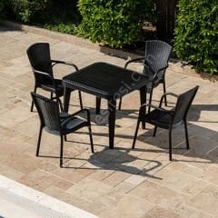 Milano 90×90 cm Rattan 4 Kişilik Camlı Masa Takımı Siyah