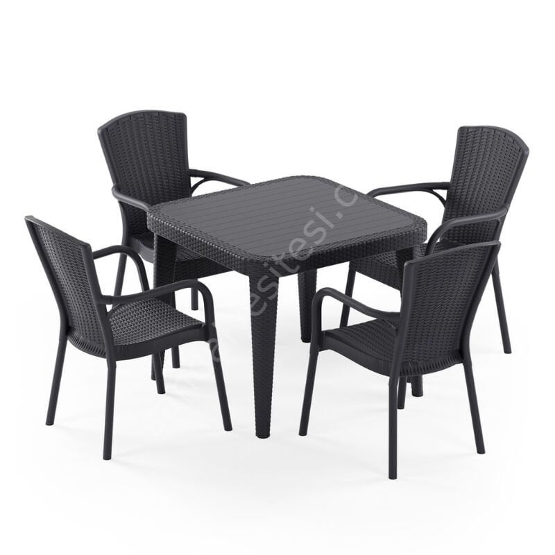 Milano 90×90 cm Rattan 4 Kişilik Camlı Masa Takımı Antrasit