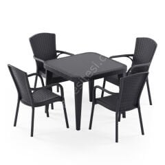 Milano 90×90 cm Rattan 4 Kişilik Camlı Masa Takımı Antrasit