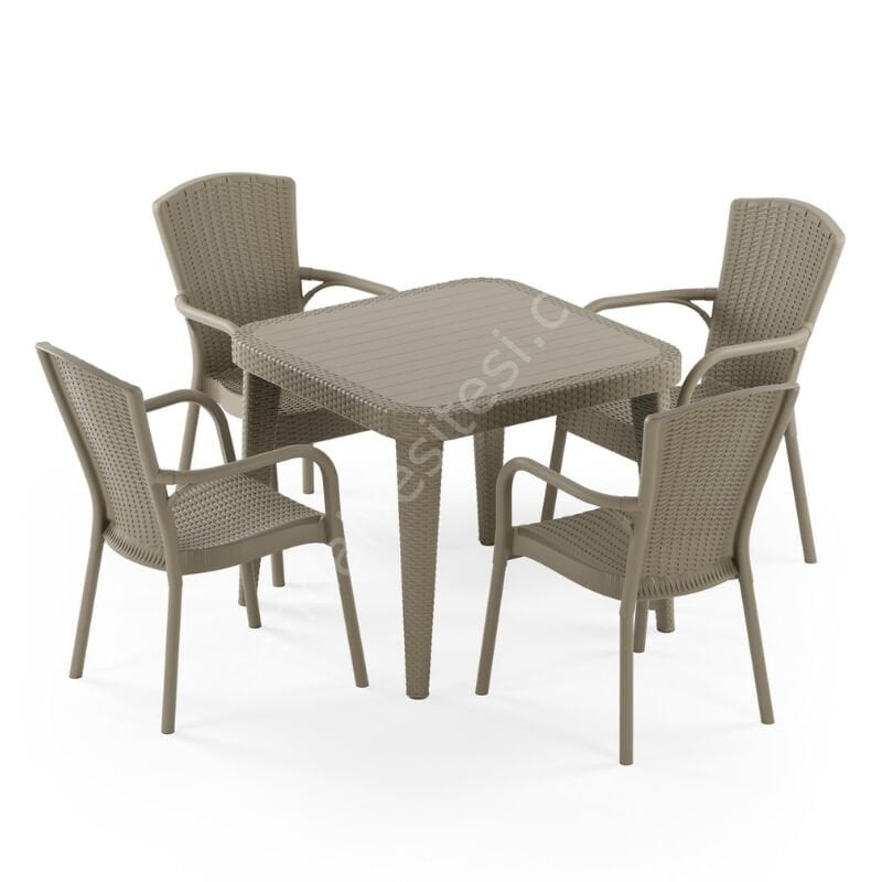 Milano 90×90 cm Rattan 4 Kişilik Camlı Masa Takımı Vizon
