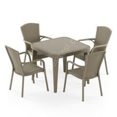 Milano 90×90 cm Rattan 4 Kişilik Camlı Masa Takımı Vizon