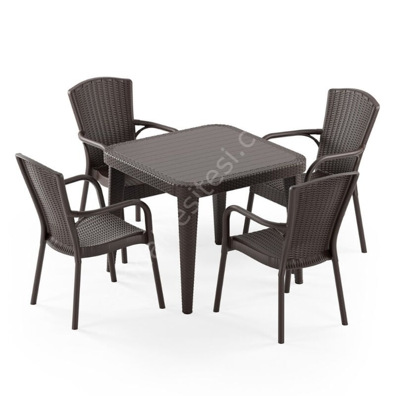 Milano 90×90 cm Rattan 4 Kişilik Camlı Masa Takımı Kahve