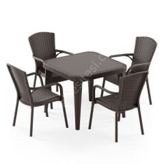 Milano 90×90 cm Rattan 4 Kişilik Camlı Masa Takımı Kahve