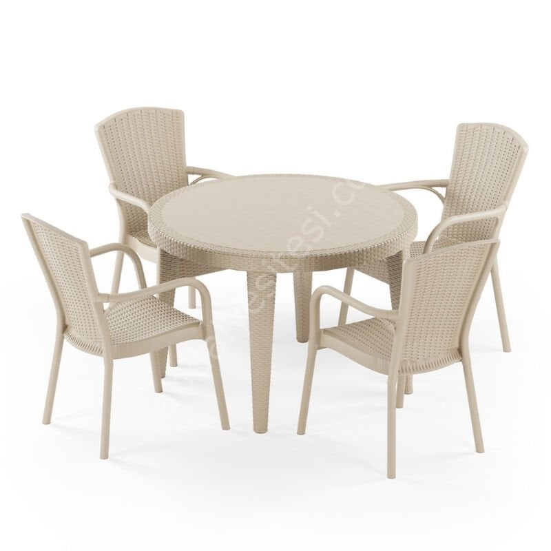 Cıtyal 110 cm Rattan 4 Kişilik Camlı Masa Takımı Kahve Bej