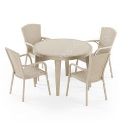 Cıtyal 110 cm Rattan 4 Kişilik Camlı Masa Takımı Kahve Bej