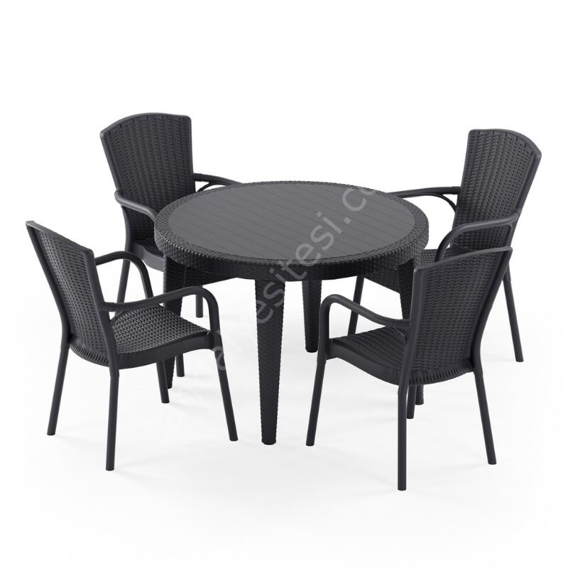 Cıtyal 110 cm Rattan 4 Kişilik Camlı Masa Takımı Kahve Antrasit