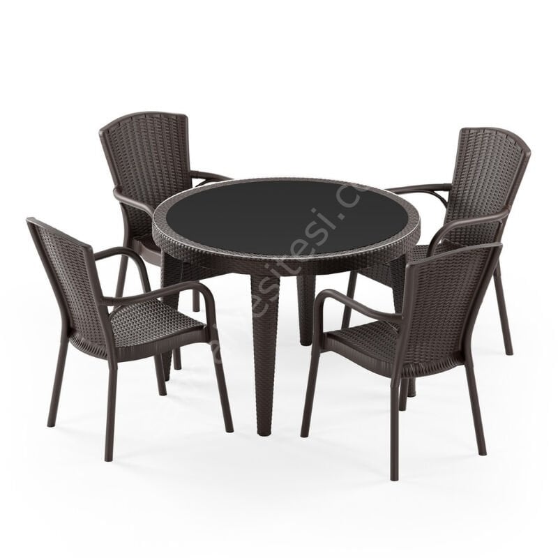Cıtyal 110 cm Rattan 4 Kişilik Camlı Masa Takımı Kahve Kahve