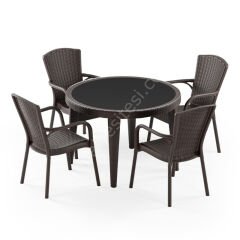 Cıtyal 110 cm Rattan 4 Kişilik Camlı Masa Takımı Kahve Kahve