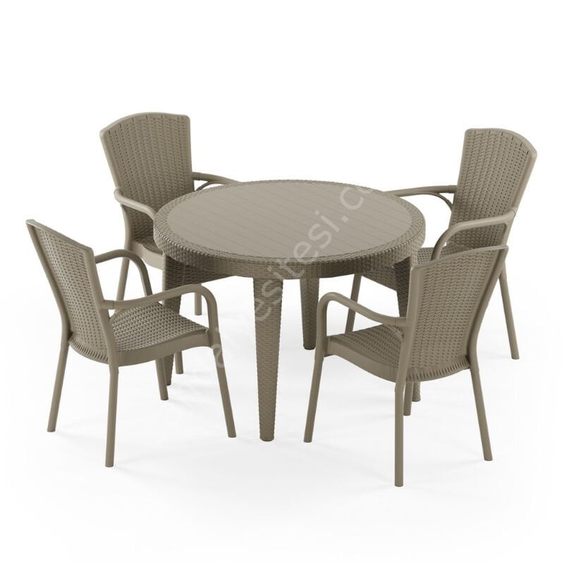 Cıtyal 110 cm Rattan 4 Kişilik Camlı Masa Takımı Kahve Vizon