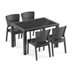 Sidney 80x120 cm Rattan 4 Kişilik Camlı Masa Takımı Siyah