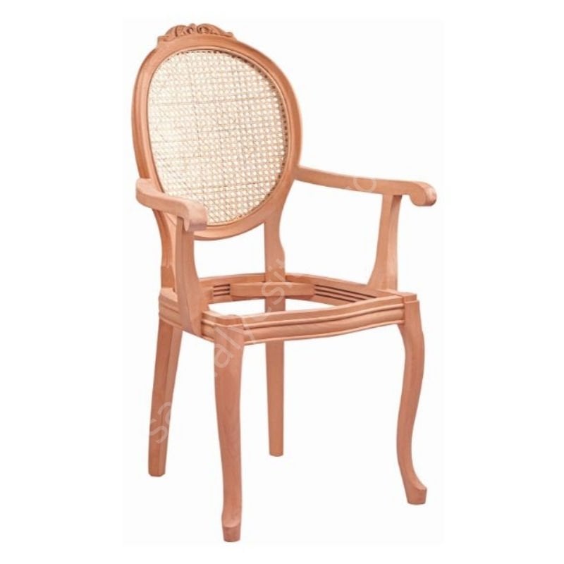 Hasırlı Manolya Ham Oymalı Kollu Ahşap Sandalye