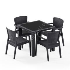 Town 80x80 cm Rattan 4 Kişilik Camlı Masa Takımı Kahve