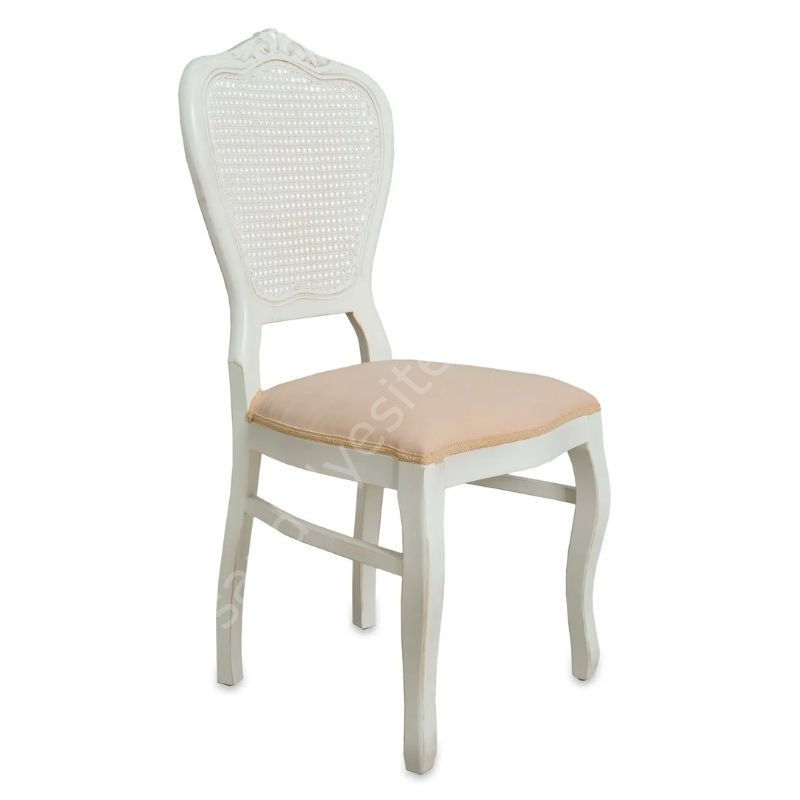 Klasik Oymalı Ahşap Sandalye Beyaz Krem