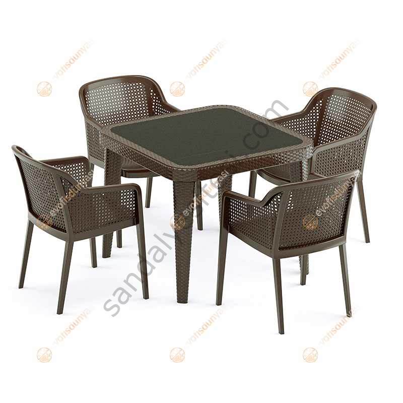 Cape 80x80 cm Rattan 4 Kişilik Camlı Masa Takımı Kahve