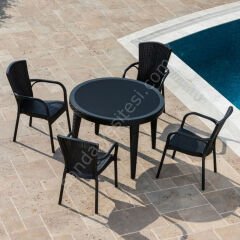 Cıtyal 110 cm Rattan 4 Kişilik Camlı Masa Takımı Kahve