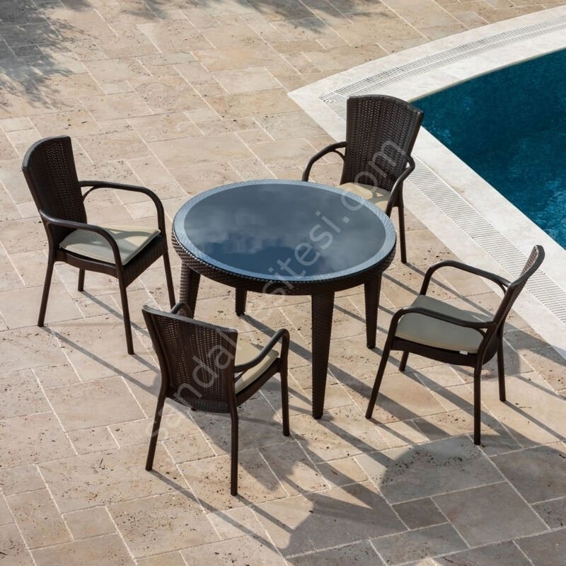 Cıtyal 110 cm Rattan 4 Kişilik Camlı Masa Takımı Kahve