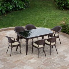 Viyana 90x150 cm Rattan 6 Kişilik Camlı Masa Takımı