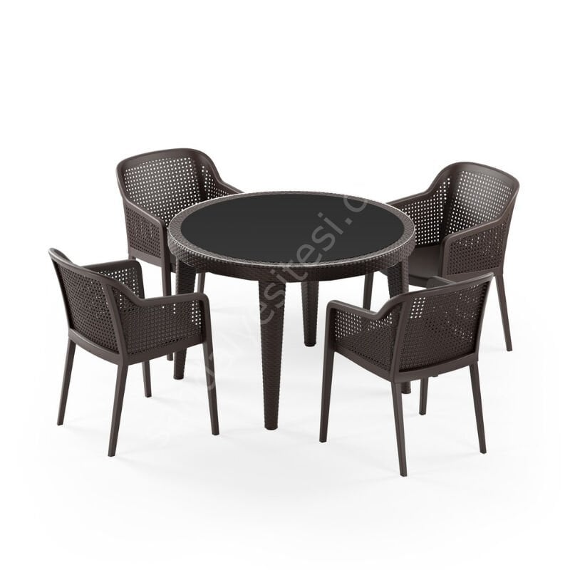 Londra 110 cm Rattan 4 Kişilik Camlı Masa Takımı Kahve