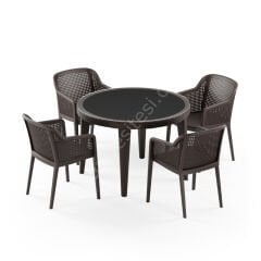 Londra 110 cm Rattan 4 Kişilik Camlı Masa Takımı Kahve