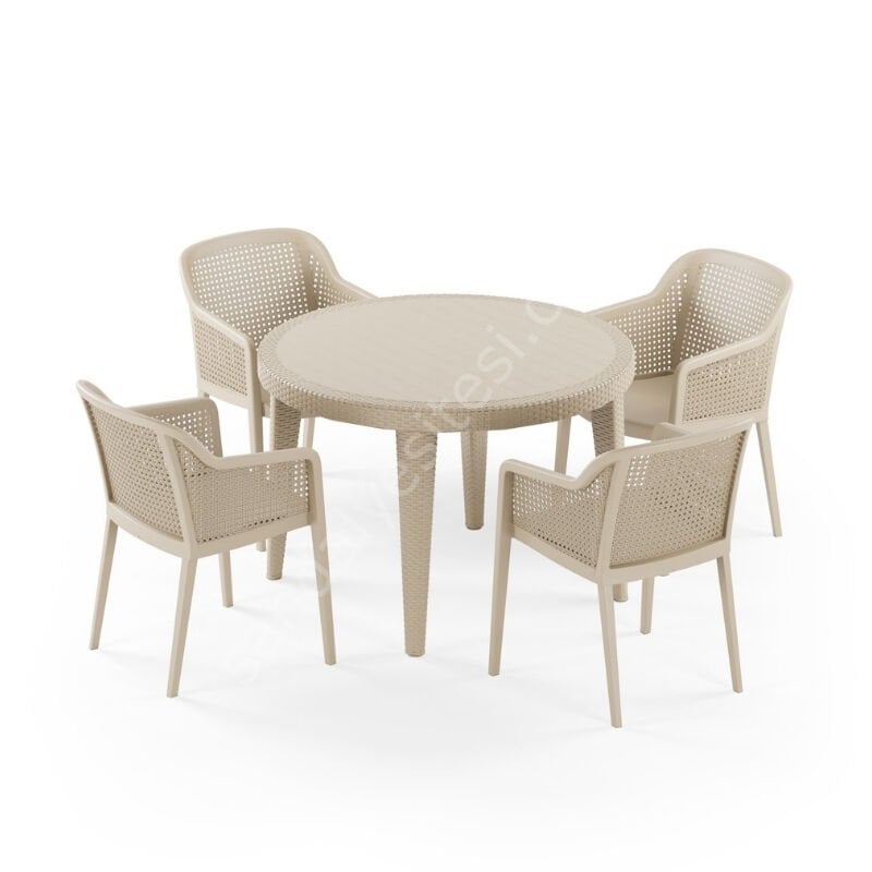 Londra 110 cm Rattan 4 Kişilik Camlı Masa Takımı Kumbeji