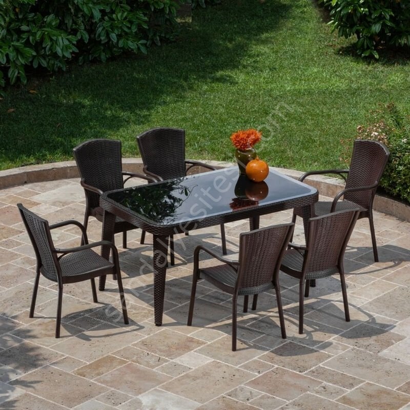 Milano 90x150 cm Rattan 6 Kişilik Camlı Masa Takımı